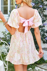 Floral Puff Sleeve Square Neck Knotted Open Back Ruffled Mini Dress OutfitFlow